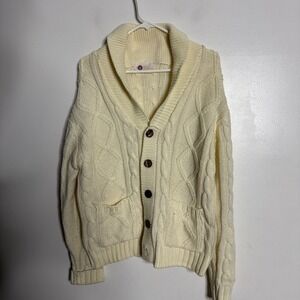 Sears Kings Road‎ Cream Cable Knit Shawl Collar Cardigan Sweater Mens L